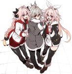  3boys alternate_costume antenna_hair astolfo_(fate) astolfo_(saber)_(fate) astolfo_(saber)_(third_ascension)_(fate) black_bow black_jacket black_pants black_pantyhose black_scrunchie black_sweater black_thighhighs boots bow braid breath brown_coat brown_footwear buttons coat coffee_cup cross-laced_footwear cup disposable_cup double-breasted dual_persona fang fate/apocrypha fate/grand_order fate_(series) full_body fur-trimmed_boots fur-trimmed_bow fur-trimmed_coat fur_trim grey_hair hair_between_eyes hair_bow hair_intakes hair_ornament hair_scrunchie haoro highres holding holding_cup jacket lace-up_boots long_braid long_hair multicolored_hair multiple_boys open_mouth otoko_no_ko pants pantyhose pink_hair pom_pom_(clothes) purple_eyes red_eyes red_shorts scrunchie shoes shorts sieg_(fate) signature single_braid skin_fang skirt streaked_hair sweater thighhighs twintails two-tone_hair very_long_hair white_background white_hair white_jacket white_skirt winter_clothes 