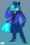 absurd_res alexander_thunderwolfe_(chrislshack1998) anthro blue_body blue_bottomwear blue_clothing blue_footwear blue_fur blue_highlights blue_hoodie blue_jeans blue_nose blue_pants blue_shoes blue_topwear bottomwear canid canine canis chest_tuft claws clothing denim denim_bottomwear denim_clothing footwear fur grey_body grey_fur hi_res highlights_(coloring) hoodie jamoart jeans looking_at_viewer male mammal navy_shirt pants shoes smile smirk solo topwear tuft wolf yellow_body yellow_fur