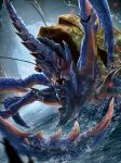  antennae bearluxe black_eyes blue_skin carapace cave claws colored_skin crab dutch_angle hermit_crab horns monster monster_focus monster_hunter_(series) monster_hunter_rise no_humans open_mouth shell shogun_ceanataur signature single_horn solid_eyes solo spikes splashing stalactite water 
