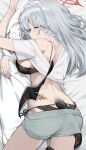  1girl absurdres bed_sheet black_bra black_panties black_tail blue_archive blush bra braid breasts closed_eyes closed_mouth dakimakura_(object) doodle_sensei_(blue_archive) fingernails grey_hair grey_shorts halo haruna_(blue_archive) highres large_breasts long_hair nail_polish panties pillow red_halo red_nails sensei_(blue_archive) shirt short_sleeves shorts side_braid solo underwear wakamepiza white_shirt 