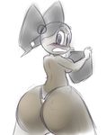  big_butt blush breasts butt cleavage clothed clothing female jenny_wakeman looking_at_viewer looking_back machine mechanical my_life_as_a_teenage_robot plain_background robot solo thick_thighs thong unknown_artist white_background wide_hips 