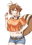 ;3 ;d acorn alternate_costume animal_ears antenna_hair belt blazblue blush brown_eyes brown_hair buck_teeth casual clothes_writing crop_top crop_top_overhang hand_on_hip highres jewelry makoto_nanaya midriff naginoya navel necklace one_eye_closed open_fly open_mouth orange_shirt pendant pun shiny shiny_skin shirt short_hair short_shorts shorts smile solo squirrel_ears squirrel_tail tail unzipped wristband 