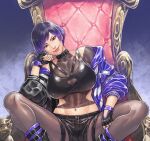  1girl alternate_breast_size black_bra black_collar black_hair black_jacket black_pantyhose black_shorts bodystocking bra bra_over_clothes breasts cirenk clenched_hand collar commission fingerless_gloves gloves hand_on_own_face highres jacket large_breasts navel pantyhose purple_hair purple_jacket reina_(tekken) shorts sitting solo spread_legs tekken tekken_8 throne underwear 