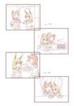  animal_ears blonde_hair blue_eyes blush bowl bunny_ears comic couple feeding food fox_ears fud fukuji_mihoko heterochromia multiple_girls red_hair saki school_uniform shirt short_hair short_sleeves simple_background skirt spoon table tail takei_hisa upper_body white_background white_shirt yuri 