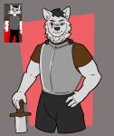 2024 anthro armor black_bottomwear black_clothing black_nose black_pants blue_eyes bottomwear brown_clothing brown_shirt brown_topwear canid canine canis clothed_male clothing danny_smoke_in_furry_land digital_media_(artwork) eye_scar facial_scar fur goagandbat grey_body grey_fur hand_on_hip heterochromia hi_res looking_at_viewer male mammal marshall_the_wolf melee_weapon monotone_body monotone_fur pants portrait red_eyes reference_image scar shirt simple_background solo sword three-quarter_portrait topwear weapon wolf