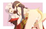  areola_slip ass au_ra black_choker black_hair breasts brown_eyes censored choker commentary completely_nude crying crying_with_eyes_open final_fantasy final_fantasy_xiv flower grey_hair hair_flower hair_ornament hand_on_another&#039;s_back highres japanese_clothes kimono large_breasts long_hair nude nyasa obi off_shoulder open_mouth pink_background pussy pussy_juice red_kimono red_lips sash scales tail_insertion tears twintails two-tone_background vaginal white_background white_flower white_hair yotsuyu_goe_brutus yugiri_mistwalker yuri 
