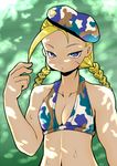  ahoge beret bikini bikini_top blonde_hair blue_eyes braid breasts buraninn cammy_white camouflage camouflage_bikini camouflage_hat cleavage dappled_sunlight halter_top halterneck hat huge_ahoge scar small_breasts solo street_fighter sunlight sweat swimsuit twin_braids 