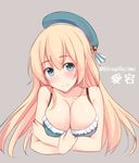  atago_(kantai_collection) bad_id bad_pixiv_id blonde_hair blue_eyes blush breasts character_name cleavage hat hiiragi_hajime kantai_collection large_breasts long_hair smile solo twitter_username upper_body 