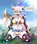 ahoge anthro arm_guards armor big_breasts bikini_armor blue_eyes bottomwear breasts brown_body brown_fur canid canine castle claws clothed clothing dialogue digital_media_(artwork) dinah_(unicorn_overlord) english_text extreme_size_difference female forest fox fur gentle_giant gloves grass hair handwear hi_res kingdom landscape_dwarfing larger_anthro larger_female looking_down macro macro_female mammal metal_gloves mountain navel open_mouth outside plant shoulder_guards signature size_difference skimpy sky solo speech_bubble tail text thick_thighs toe_claws tree unconvincing_armor unicorn_overlord vanillaware white_body white_fur white_hair zantchan