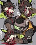 angry anthro black_hair blood bodily_fluids breath brown_clothing brown_gloves brown_handwear canid canine clothed clothing duo eyewear gas_mask gloves goggles green_inner_ear grey_background grey_body hair handwear hi_res male mammal mask simple_background violence zhang_gun