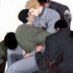  2boys absurdres ao_isami bara black_hair black_jacket blonde_hair blood blood_on_clothes blood_on_face blood_on_hands closed_eyes couple ekstmekajr green_jacket green_pants grey_jacket grey_pants highres hug jacket large_pectorals lewis_smith male_focus multiple_boys multiple_persona muscular muscular_male pants pectorals short_hair smile torn_clothes torn_jacket yuuki_bakuhatsu_bang_bravern 