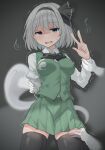  1girl absurdres arm_behind_back black_hairband black_thighhighs blue_eyes blush breasts commentary_request disembodied_limb ghost green_skirt green_vest grey_hair groping hairband highres hitodama hitodama_print konpaku_youmu konpaku_youmu_(ghost) long_sleeves open_mouth scared short_hair skindentation skirt skirt_set sweatdrop tears thighhighs touhou trembling vest youmu-kun 