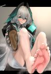  1girl absurdres aqua_eyes aqua_hair arknights bare_legs barefoot black_footwear black_jacket breasts commission convenient_leg dress feet foot_focus foreshortening full_body grey_background grey_dress grey_hair grey_jacket hair_between_eyes highres ho&#039;olheyak_(arknights) holding holding_shoes jacket knees_up large_breasts legs long_sleeves looking_at_viewer multicolored_clothes multicolored_jacket namukot open_clothes open_jacket parted_lips pixiv_commission shoes sidelocks smell smile soles solo steaming_body thighs toenails toes two-tone_jacket unworn_footwear unworn_shoes wide_sleeves 