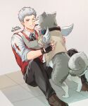  1boy animal bandaid bandaid_on_face bandaid_on_forehead black_gloves black_pants black_ribbon brown_footwear collared_shirt commentary dog english_commentary fingerless_gloves gloves grey_fur grey_hair highres knees_up koromaru_(persona) looking_at_another male_focus neck_ribbon one_eye_closed pants parted_lips persona persona_3 red_sweater_vest ribbon sanada_akihiko shirt short_hair sitting sleeves_rolled_up smile soc_nau sweater_vest tongue tongue_out twitter_username white_shirt white_wings wings 
