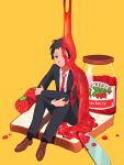  1boy adachi_tooru black_hair black_suit bread bread_slice brown_eyes brown_footwear butter_knife closed_mouth food formal fruit highres hugging_own_legs jacket jam long_sleeves looking_to_the_side male_focus necktie persona persona_4 pouring red_necktie shirt short_hair sitting sitting_on_food solo strawberry suit tedty33 white_shirt yellow_background 