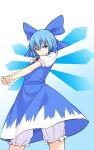  1girl bloomers blue_background blue_bow blue_dress blue_eyes blue_hair bow cirno closed_mouth commentary dress gradient_background hair_bow highres kakone looking_at_viewer one-hour_drawing_challenge outstretched_arms own_hands_together short_hair short_sleeves smile solo touhou 