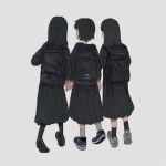  3girls backpack bag black_bag black_footwear black_shirt black_skirt black_socks character_request copyright_request facing_away from_behind full_body grey_background grey_footwear grey_socks loafers long_hair long_sleeves multiple_girls pleated_skirt school_uniform shirt shoes short_hair simple_background skirt sneakers socks sokoko walking 