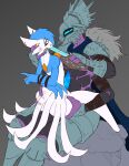 anthro armor arms_tied bound destiny_(video_game) duo eliksni gardevoir generation_3_pokemon genitals hands_behind_back hi_res male male/male nervous nevan_nedall_(colorist) nintendo on_lap penis pokemon pokemon_(species) thelionfish threatening_with_weapon