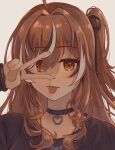  1girl ahoge black_nails black_ribbon black_shirt brown_eyes brown_hair choker emo_fashion hair_over_one_eye hair_ribbon heart heart_choker highres hololive hololive_english lace-trimmed_choker lace_trim long_hair looking_at_viewer min_oros multicolored_hair nanashi_mumei nanashi_mumei_(emo) one_side_up portrait ribbon shirt streaked_hair sweater tongue tongue_out torn_clothes torn_sweater v virtual_youtuber 