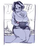  1girl absurdres bare_legs breasts cup disposable_cup drinking_straw highres large_breasts made_in_abyss medium_hair mikiji multicolored_hair nintendo_switch ozen pillow playing_games shorts sitting solo speech_bubble thighs two-tone_hair 