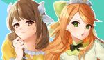  2girls black_bow black_bowtie bow bowtie brown_eyes brown_hair edamameoka etie_(fire_emblem) fire_emblem fire_emblem_engage goldmary_(fire_emblem) green_bow green_eyes highres multiple_girls orange_gemstone orange_hair swept_bangs tiara yellow_gemstone 