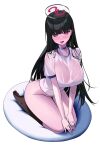  1girl black_hair black_socks blue_archive blush breasts full_body gym_shirt hair_ornament hairpin halo highres large_breasts long_hair looking_at_viewer magya416 open_mouth red_eyes rio_(blue_archive) see-through see-through_shirt shirt short_sleeves simple_background socks solo tongue tongue_out wet wet_clothes wet_shirt white_background white_shirt 