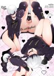  1boy 9s_(nier:automata) androgynous anus artist_name ass belt black_belt black_choker black_footwear black_jacket black_socks blindfold blush boots bottomless buttons character_name choker collarbone covered_eyes covering_crotch covering_privates double-breasted foreshortening full_body grey_hair hand_up heart highres jacket knees_together_feet_apart knees_up legs long_hair lying male_focus nagano_rira nier:automata nier_(series) on_back open_mouth parted_lips penis pink_background ribbed_socks short_hair socks testicles twitter_username 
