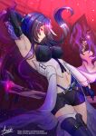  1girl absurdres acheron_(honkai:_star_rail) adsouto arm_up armpits asymmetrical_clothes boots breasts covered_nipples glowing glowing_eye hair_over_one_eye highres honkai:_star_rail honkai_(series) katana large_breasts long_hair looking_at_viewer midriff navel purple_eyes purple_hair short_shorts shorts signature single_thigh_boot sword thigh_boots weapon 