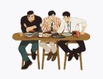  3boys akagi_takenori black_hair bowl brown_footwear brown_hair can chair chengongzi123 chopsticks closed_eyes collared_shirt crossed_arms cup drink_can food full_body glasses highres holding holding_cup kogure_kiminobu lanyard long_sleeves looking_at_another male_focus mitsui_hisashi multiple_boys open_mouth orange_shirt plaid plaid_shirt plate pointing pointing_at_another rimless_eyewear scar scar_on_face shirt short_hair simple_background sitting slam_dunk_(series) soda_can table thick_lips undercut very_short_hair white_background 