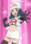  1girl :d absurdres beanie black_footwear black_gloves black_hair black_shirt boots clenched_hand commentary_request cosplay cropped_jacket dawn dawn_(pokemon) elbow_gloves eyelashes gloves grey_eyes hainchu hat highres jacket jessie_(pokemon) jessie_(pokemon)_(cosplay) logo long_hair looking_at_viewer open_mouth outstretched_arm pink_background pokemon pokemon_(anime) pokemon_journeys shirt sidelocks skirt smile solo spread_fingers team_rocket thigh_boots white_hat white_jacket white_skirt 