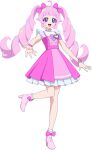  1girl :d ahoge aozora_himari boots bow dress drill_hair full_body hair_bow high_heel_boots high_heels highres himitsu_no_aipri looking_at_viewer official_art open_mouth pink_bow pink_dress pink_footwear pink_hair pretty_series purple_bow purple_eyes reaching reaching_towards_viewer second-party_source smile solo standing standing_on_one_leg twin_drills twintails watch wristwatch 