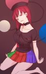  1girl barefoot black_background black_shirt chain choker clothes_writing commentary ear_piercing full_body hecatia_lapislazuli highres kakone looking_at_viewer medium_hair multicolored_clothes multicolored_skirt one-hour_drawing_challenge open_mouth piercing red_eyes red_hair shirt simple_background sitting skirt solo touhou wariza 