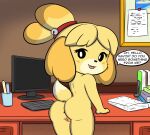 animal_crossing anthro anus areola butt canid canine canis computer dialogue domestic_dog electronics female fur furniture genitals hair hi_res isabelle_(animal_crossing) jhussethy mammal nintendo nude officer presenting pussy shih_tzu smile solo speech_bubble table toy_dog yellow_body yellow_fur