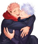  2boys arms_around_neck black_jacket blue_eyes blush brown_eyes ccccc_(jpn_m0) colored_eyelashes facial_mark gojou_satoru hand_on_another&#039;s_head high_collar highres hood hood_down hug itadori_yuuji jacket jujutsu_kaisen jujutsu_tech_uniform looking_at_viewer male_focus multiple_boys one_eye_closed open_mouth pink_hair short_hair simple_background smile twitter_username undercut upper_body white_hair yaoi 