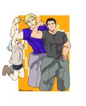  1girl 2boys ao_isami biceps black_hair blonde_hair character_request clothes_down cropped_legs facial_hair flexing happy highres inset_border lewis_smith lifting_person lulu_(bang_bravern) male_focus medium_sideburns multiple_boys open_jumpsuit pectorals shirt sideburns_stubble staring stubble t-shirt thick_eyebrows uyamamanuyam yuuki_bakuhatsu_bang_bravern 