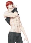  1boy abs alternate_costume bad_id bad_twitter_id bare_pectorals clothes_lift facial_mark groin guilty_challenge_(meme) hand_in_clothes hand_under_clothes hand_under_shirt hemo_(h_1814100) highres hisoka_morow hunter_x_hunter looking_at_viewer male_focus meme navel nipples official_alternate_hairstyle pale_skin pants pectorals red_hair shirt shirt_lift short_hair simple_background solo spiked_hair star_(symbol) star_facial_mark teardrop_facial_mark toned toned_male 