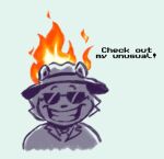 annataru2 anthro clothing english_text eyewear fire hat headgear headwear humanoid male mammal mo_(undertale_yellow) necktie procyonid raccoon shirt simple_background smile solo sunglasses team_fortress_2 text third-party_edit topwear undertale_yellow unusual_clothing unusual_hat unusual_headwear valve