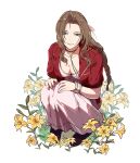  1girl aerith_gainsborough braid breasts brown_hair cleavage final_fantasy final_fantasy_vii final_fantasy_vii_remake green_eyes highres igusaharu jewelry long_hair looking_at_viewer multiple_bracelets necklace simple_background smile solo squatting teeth white_background 