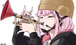  1girl absurdres bidortw black_jacket closed_eyes commentary_request funnel helmet highres hololive hololive_english hood hooded_jacket instrument jacket mori_calliope music pink_hair pink_nails pinky_out playing_instrument portrait solo trumpet twitter_username virtual_youtuber 