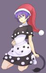  1girl black_capelet black_dress capelet commentary doremy_sweet dress full_body grey_background hat highres kakone kneeling looking_at_viewer nightcap one-hour_drawing_challenge open_mouth pom_pom_(clothes) purple_eyes purple_hair short_hair simple_background solo tail tapir_tail touhou white_dress white_footwear 