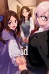  3girls blue_eyes blush breasts brown_hair echo_(circa) fate/grand_order fate_(series) glasses holding_hands large_breasts leonardo_da_vinci_(fate) leonardo_da_vinci_(rider)_(fate) long_hair long_sleeves looking_at_viewer mash_kyrielight multiple_girls open_mouth parted_bangs pink_hair pov purple_eyes short_hair small_breasts smile 