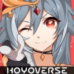  1girl black_choker choker copyright_name dnh260 fu_hua fu_hua_(herrscher_of_sentience) gem_hair_ornament grey_hair hair_ornament highres honkai_(series) honkai_impact_3rd logo long_hair looking_at_viewer multicolored_hair one_eye_closed parody pointing pointing_at_viewer raised_eyebrows red_background red_eyes red_pupils smile smirk solo solo_focus two-tone_gloves two-tone_hair 