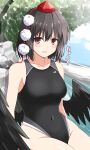  1girl absurdres alternate_costume bird_wings black_one-piece_swimsuit black_wings blush breasts brown_eyes commentary covered_navel hat highres looking_at_viewer one-piece_swimsuit open_mouth pom_pom_(clothes) red_hat rise_(rise19851203) shameimaru_aya short_hair solo sweatdrop swimsuit tokin_hat touhou translation_request wings 