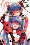  2girls blue_eyes blue_hair bodysuit head_wings highres hug kagami_tsurugi long_hair marinette_dupain-cheng miraculous_ladybug multiple_girls open_mouth pennybug_(character) red_bodysuit red_mask smile superhero_costume twintails uneko_anime wings yellow_eyes 