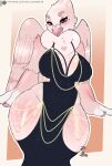 anthro avian beak big_breasts bird breasts clothed clothing columbid dress feathered_wings feathers female freckles front_view heart_(marking) hi_res huge_hips looking_at_viewer makeup markings mascara non-mammal_breasts pigeon pink_body skylosminkan smile solo wide_hips wings