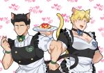  2boys alternate_costume ao_isami apron bara black_dress black_hair blonde_hair couple dress enmaided facial_hair frilled_apron frills highres karisuke_(suke217bbb) kemonomimi_mode large_pectorals lewis_smith maid maid_apron male_focus medium_sideburns multiple_boys muscular muscular_male pectoral_cleavage pectorals puffy_short_sleeves puffy_sleeves short_sleeves sideburns_stubble stubble thick_eyebrows waist_apron white_apron yaoi yuuki_bakuhatsu_bang_bravern 