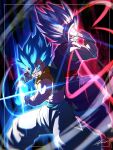  2boys aura black_vest blue_eyes blue_hair blue_sash blurry blurry_foreground clenched_teeth cropped_vest dougi dragon_ball dragon_ball_super dragon_ball_super_broly dragon_ball_super_super_hero energy finger_on_forehead gogeta gohan_beast highres kamehameha_(dragon_ball) lafia_db long_hair makankousappou medium_hair metamoran_vest multiple_boys muscular muscular_male open_mouth pants powering_up purple_pants purple_shirt red_eyes red_sash sash shirt signature sketch sleeveless sleeveless_shirt son_gohan teeth veins vest white_hair white_pants 