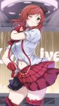  1girl blue_eyes blush clothing_cutout commentary_request contrapposto cowboy_shot fingerless_gloves gloves hat heart_cutout highres layered_skirt looking_ahead love_live! love_live!_school_idol_project medium_hair mini_hat mini_top_hat navel navel_cutout nishikino_maki one_eye_closed red_gloves red_hair red_skirt shirt sketch skirt smile solo stomach suspender_skirt suspenders swept_bangs top_hat white_shirt yanagi_marie 