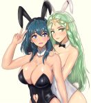  2girls absurdres animal_ears black_bow black_bowtie black_leotard blue_eyes blue_hair blush bow bowtie breasts byleth_(female)_(fire_emblem) byleth_(fire_emblem) cleavage collarbone fake_animal_ears fake_tail fire_emblem fire_emblem:_three_houses green_eyes green_hair hairband hand_on_another&#039;s_shoulder highres large_breasts leotard long_hair looking_at_viewer mali-sa medium_hair multiple_girls open_mouth parted_lips playboy_bunny rabbit_ears rabbit_tail rhea_(fire_emblem) simple_background smile tail v white_background white_leotard 
