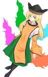  1girl black_footwear blonde_hair commentary full_body green_skirt hat highres kakone long_hair long_sleeves looking_at_viewer matara_okina one-hour_drawing_challenge simple_background skirt solo tabard touhou tricorne white_background 